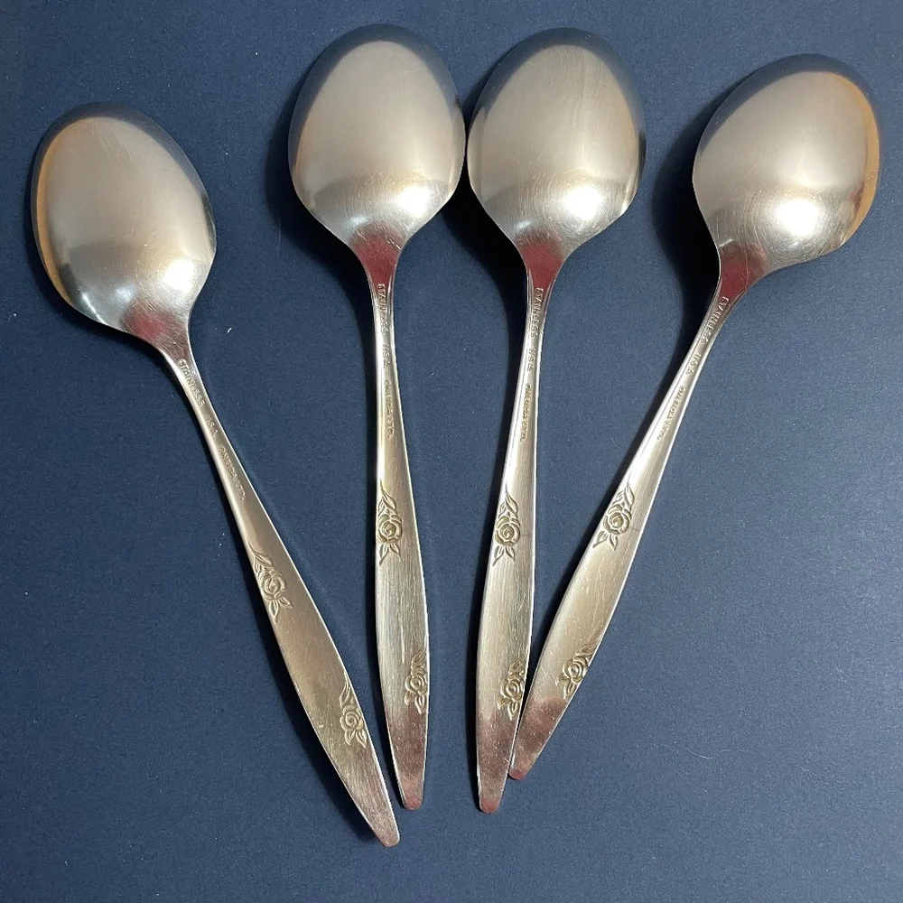 Oneida Stainless Flatware Rose Duet Pattern 4 Tablespoons Soup Spoon HTF Pattern
